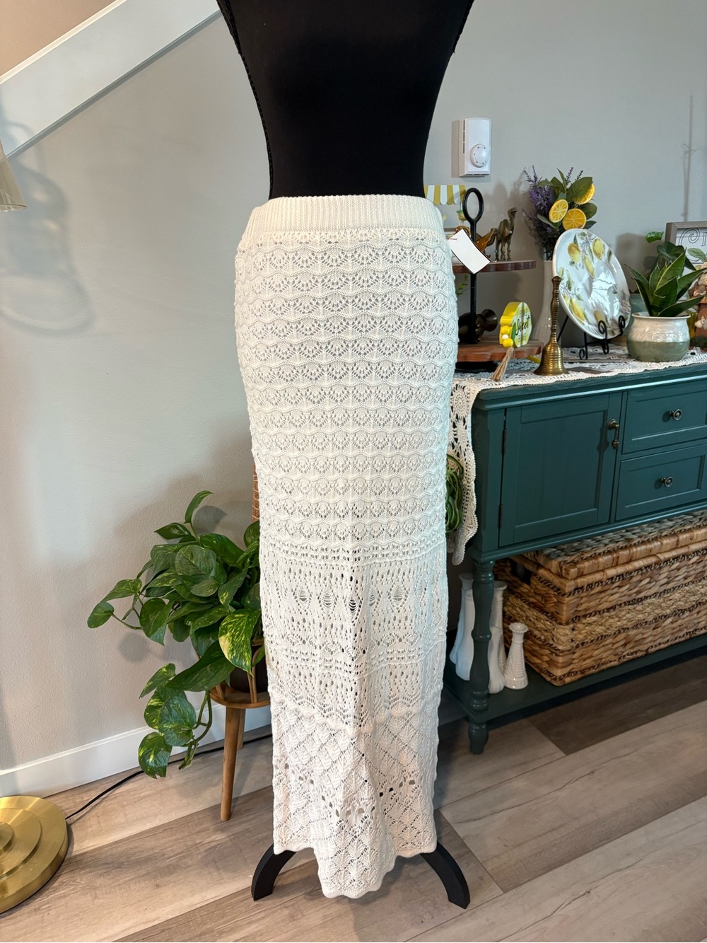 Cream Crochet Maxi Skirt with Ribbed Waistband
